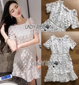 Lady Ribbon Pure White Flower Embroidered Peplum Dress
