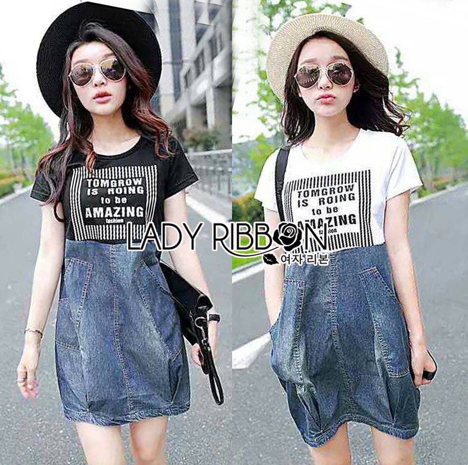 🎀 Lady Ribbon's Made 🎀 Lady Natalie Street Chic Printed Jersey with Denim Mini Dress มินิเดรสผ้ายืดสีดำพิมพ์ลายตกแต่งกระโปรงเดนิมสไตล์สตรีทชิค ตัวนี้ใส่เป็นเหมือน