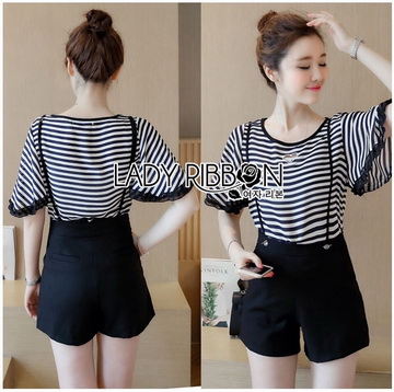 Lady Ribbon ขายส่งเสื้อผ้าออนไลน์พร้อมส่งของแท้ LR17220716 🎀 Lady Ribbon's Made 🎀 Lady Paula Street Minimal Hearty Striped Overall Shorts Set