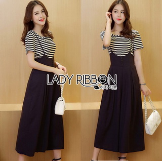 Lady Ribbon Online เสื้อผ้าออนไลน์ขายส่ง lady ribbon เสื้อผ้า LR12150816 🎀 Lady Ribbon's Made 🎀 Lady Dani Sweet Minimal Striped Top with Black Overall เซ็ตเสื้อแขนสั้น