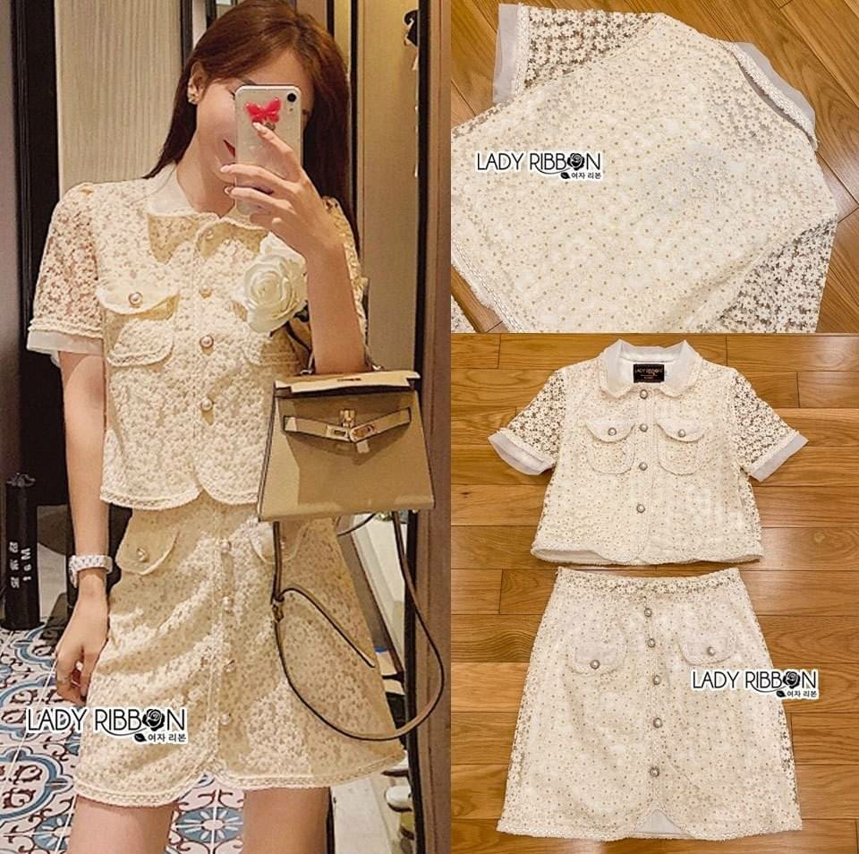เซ็ทเสื้อและกระโปรงผ้าลูกไม้สีครีม