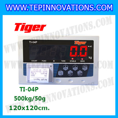 เครื่องชั่งน้ำหนักดิจิตอลพร้อมปริ้นเตอร์ในตัว พิกัด 500kg ค่าละเอียด 50g ยี่ห้อ TIGER รุ่น TI-04P รุ่น TI-04P ขนาดแท่น 120x120cm.