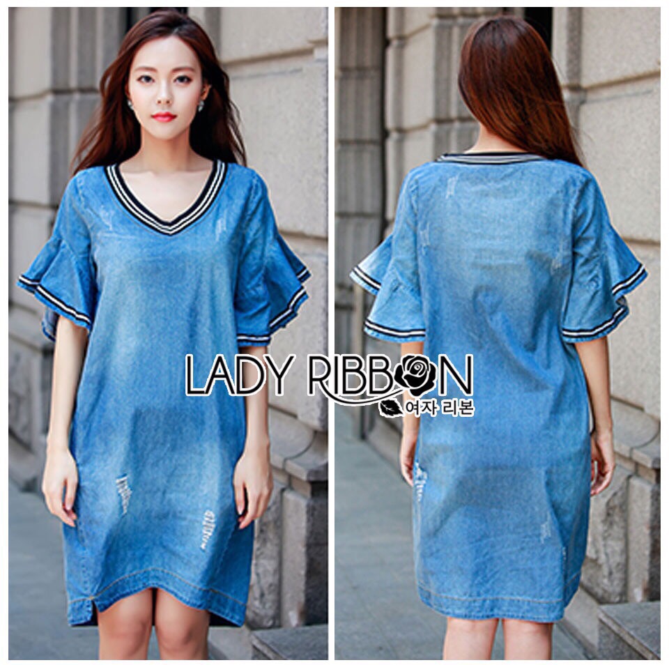 Lady Ribbon ขายส่ง LR03260516 🎀 Lady Ribbon's Made 🎀 Lady Ashley Smart Casual Ruffle-Sleeve Denim Dress เ