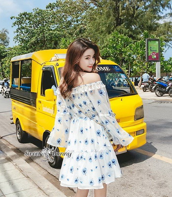 ผ้าปักดอกไม้สีฟ้าทั้งตัว งานปักสวยลาย