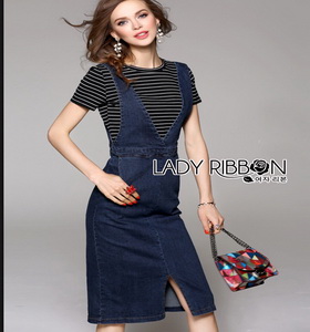 Lady Ribbon Vanessa Casual Chic Striped Top and Overall Denim Dress Set