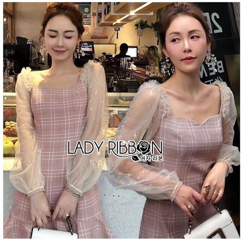 เดรสผ้าลายตารางตกแต่งระบาย