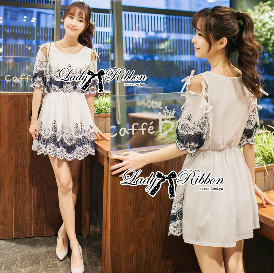 Ladyribbon Lady Ribbon เสื้อผ้าพร้อมส่ง เสื้อผ้า Lady Ribbon พร้อมส่ง เลดี้ริบบอน LR08260216 🎀 Lady Ribbon's Made 🎀 Lady Elena Sweet Vintage Embroidered Cotton Dress