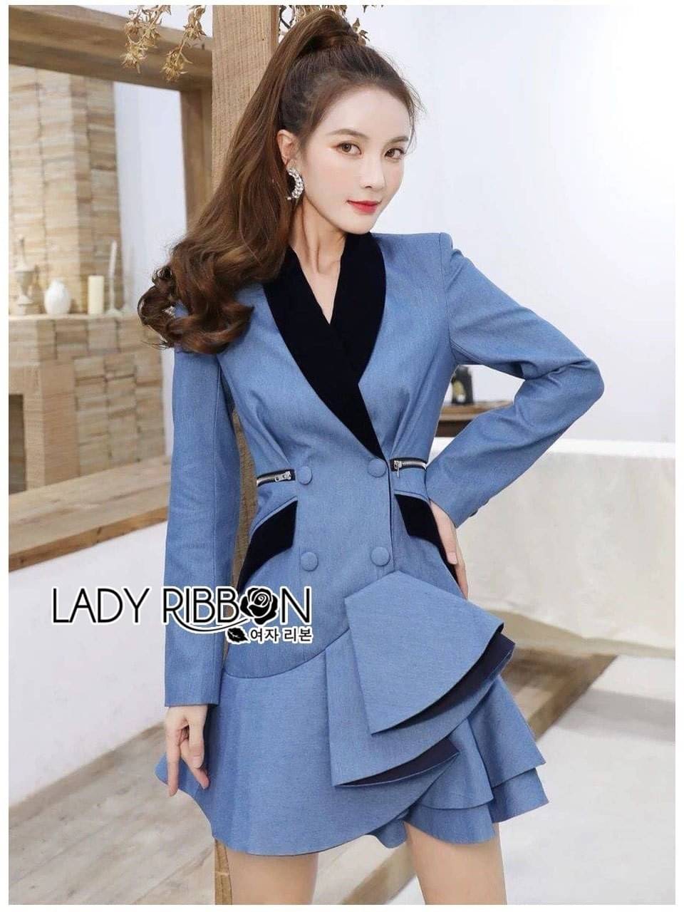 มินิเดรสสีฟ้าสโตนแขนยาว