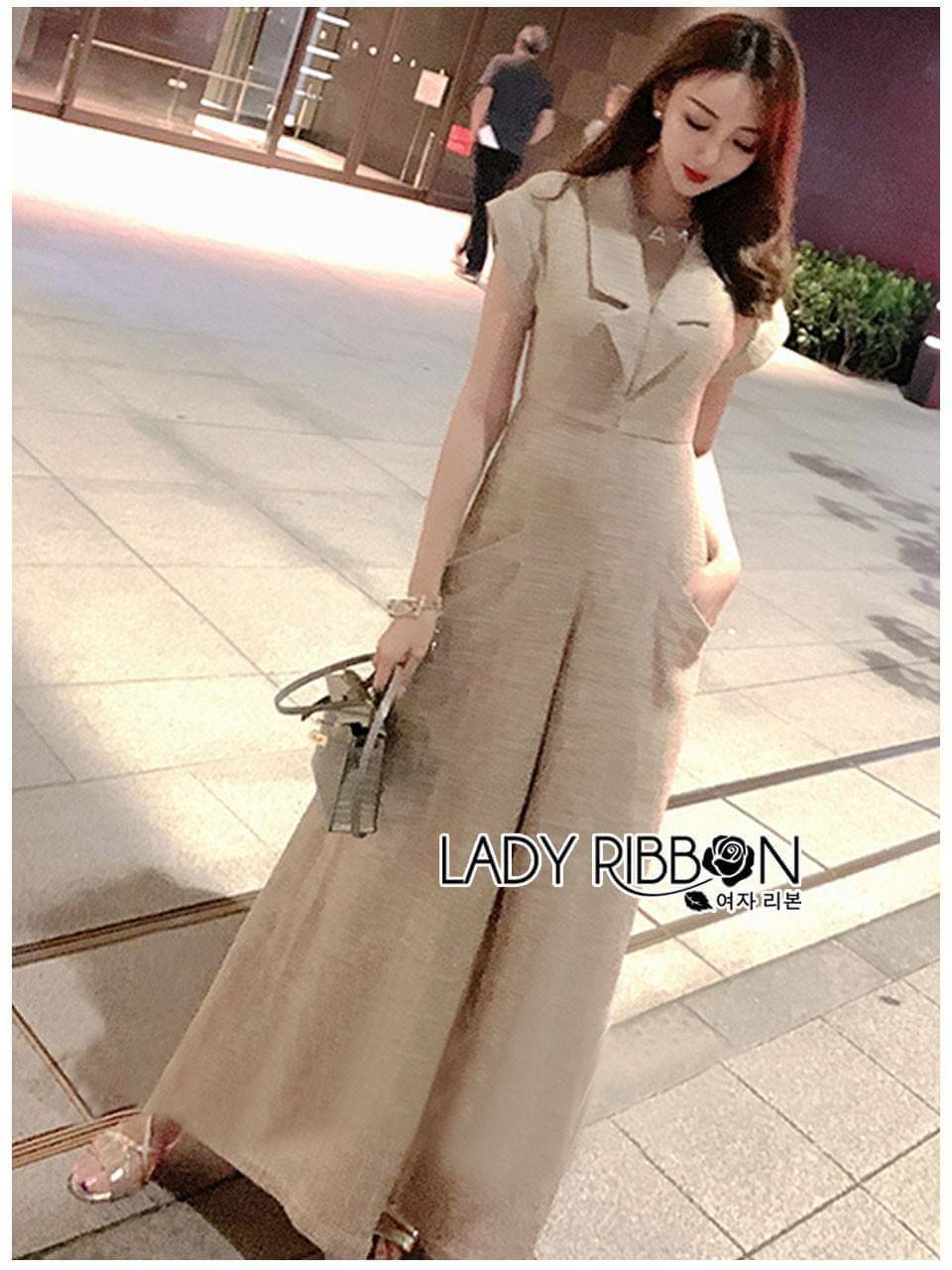 จั๊มสูทขายาวสีครีมเหลือบทอง