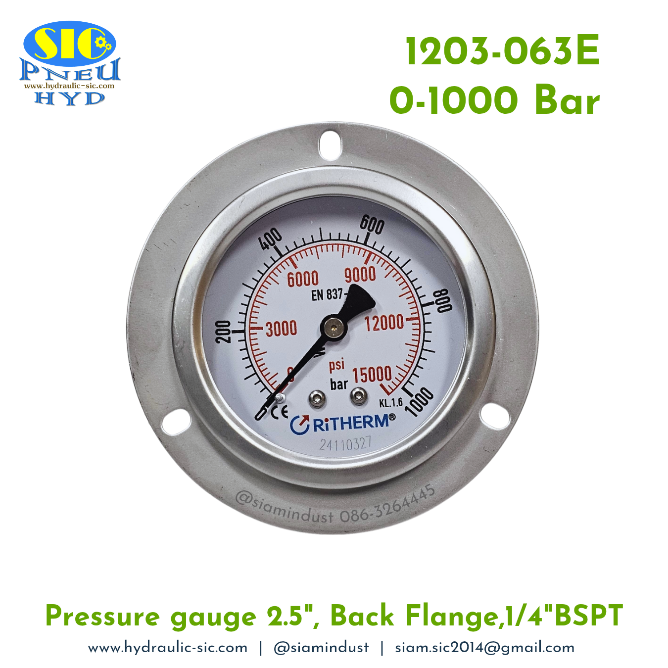 1203-063E Pressure Gauge เกจวัดแรงดันหน้าปัด 2.5" เกลียว 1/4" BSPT ออกหลัง RiTHERM