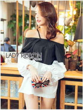 Lady Ribbon Online ขายส่งเสื้อผ้าออนไลน์ของแท้ LR03390616 🎀 Lady Ribbon's Made 🎀 Lady Stella Minimal Monochrome Off-Shoulder Cotton Long Top
