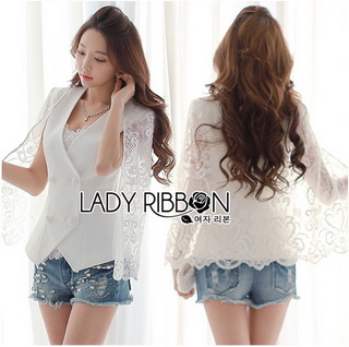 Lady Ribbon Online เสื้อผ้าออนไลน์ขายส่ง Lady Ribbon เสื้อผ้า LR04180816 🎀 Lady Ribbon's Made 🎀 Lady Maria Elegant Double-Breast White Lace Jacket แจ๊คเก็ต