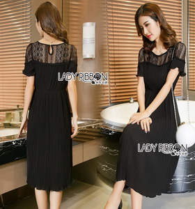 Black Lace Pleated Dress Lady Ribbon