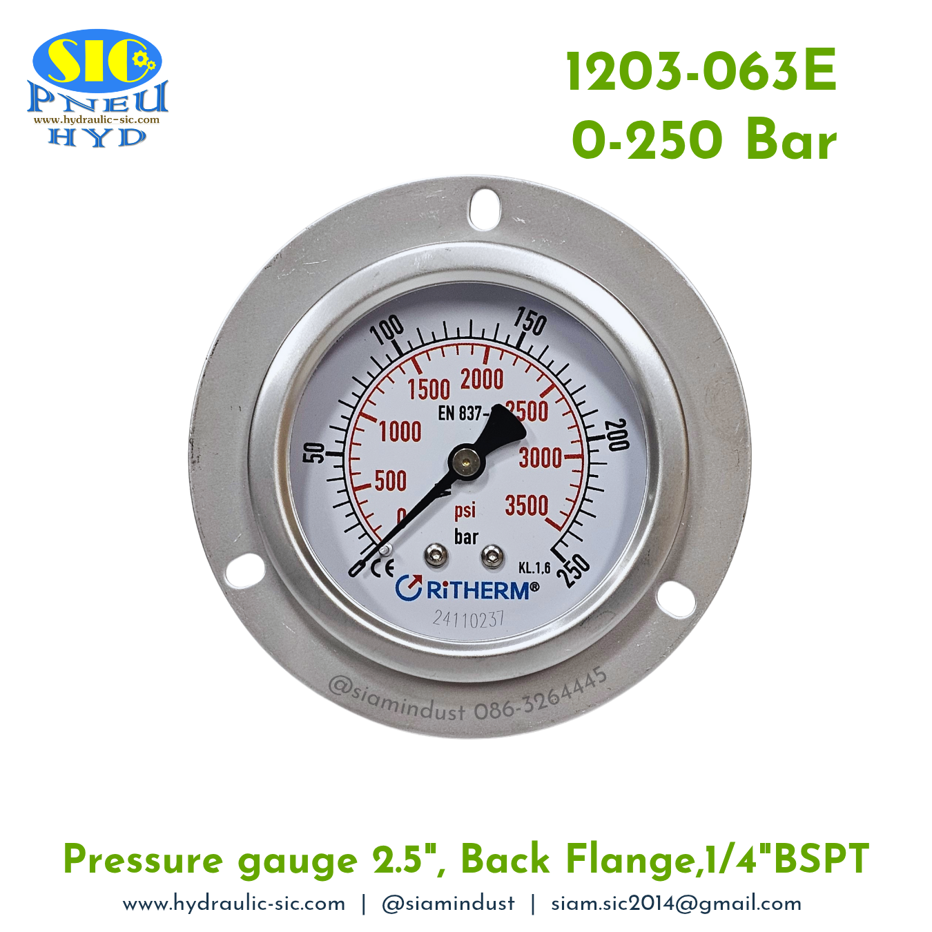 1203-063E Pressure Gauge เกจวัดแรงดันหน้าปัด 2.5" เกลียว 1/4" BSPT ออกหลัง RiTHERM