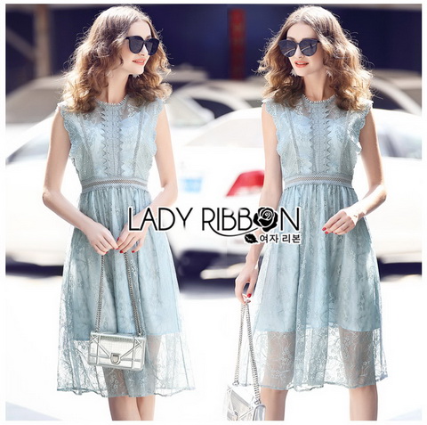 เดรสสั้นผ้าลูกไม้สีฟ้าสดใสสไตล์ซัมเมอร์