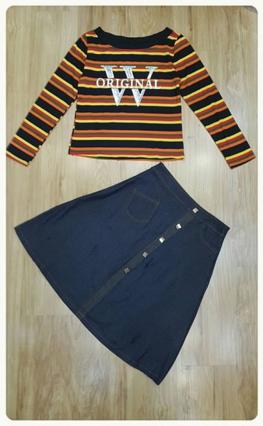 เซ็ทเสื้อกระโปรงเดนิมเส้อผ้ายืดคอตตอนลายริ้ว