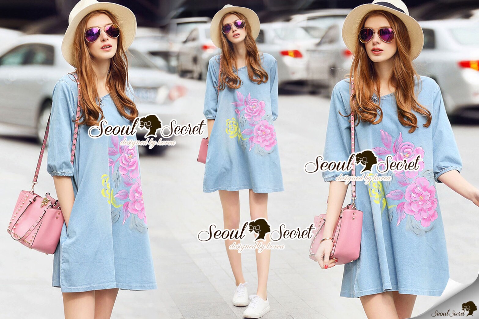 Lady Ribbon Online SS03300516 Seoul Secret Say's... Pastel Fink Paint Denim Dress