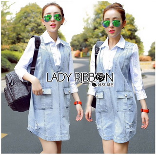 Lady Ribbon Online ขายส่งเสื้อผ้าออนไลน์เลดี้ริบบอน LR18010816 🎀 Lady Ribbon's Made 🎀 Lady Lola Minimal Preppy Denim and Cotton Shirt Dress