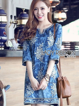 Lady Ribbon Online เสื้อผ้าออนไลน์ขายส่ง lady ribbon เสื้อผ้า LR04150816 🎀 Lady Ribbon's Made 🎀 Lady Lizzy Sweet Bohemian Floral Embroidered Denim Dress เดรสผ้าเดนิม
