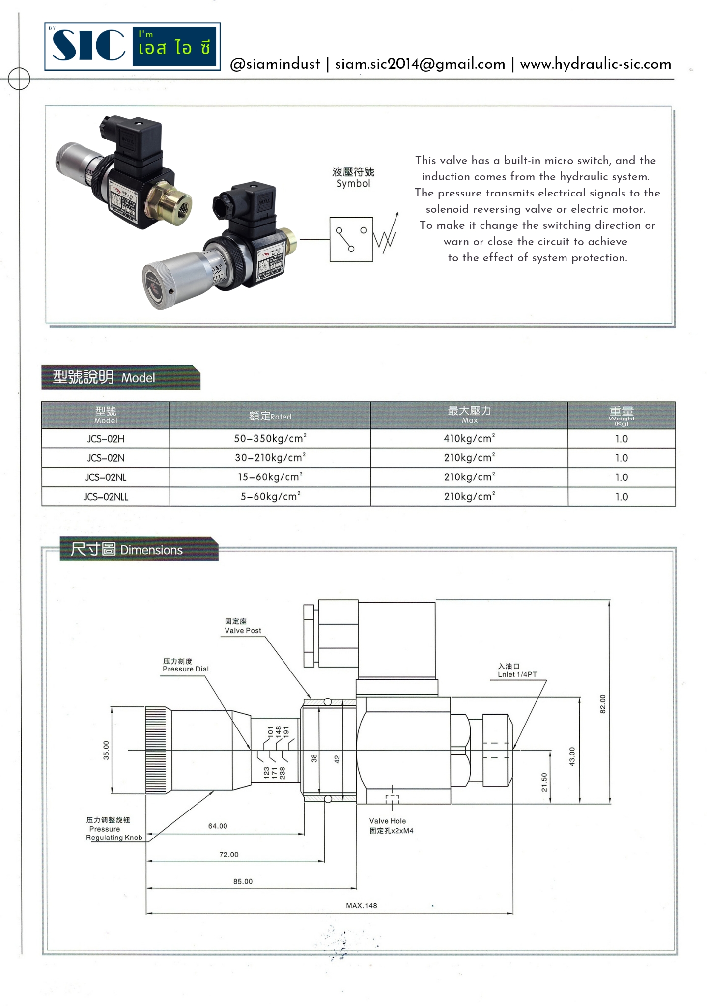 JCS-02N,JCS-02NL,JCS-02H : JF-JCS-02** (Pressure Switch) เพรสเชอร์สวิทช์ สวิทช์แรงดันไฮดรอลิค