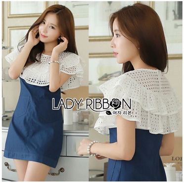 Lady Ribbon Online ขายส่งเสื้อผ้าออนไลน์ของแท้ LR01300616 🎀 Lady Ribbon's Made 🎀 Lady Elena Laser-Cut Ruffle Cotton and Denim Mini Dress