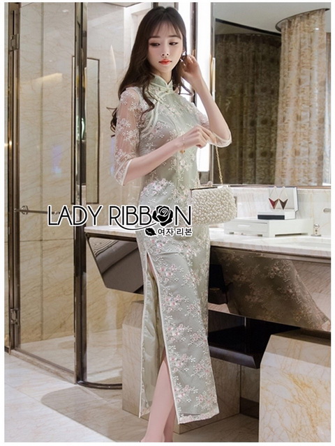 เดรสผ้าลูกไม้สีพาสเทลทรงกี่เพ้า