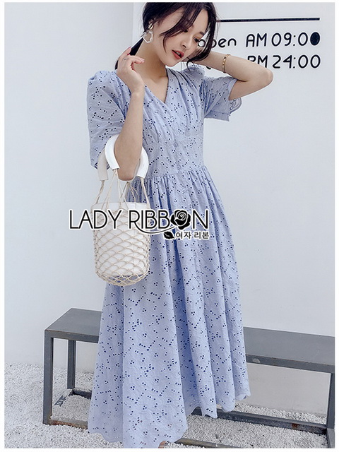 Dress เดรสผ้าคอตตอนสีฟ้าอ่อนปักและฉลุลาย