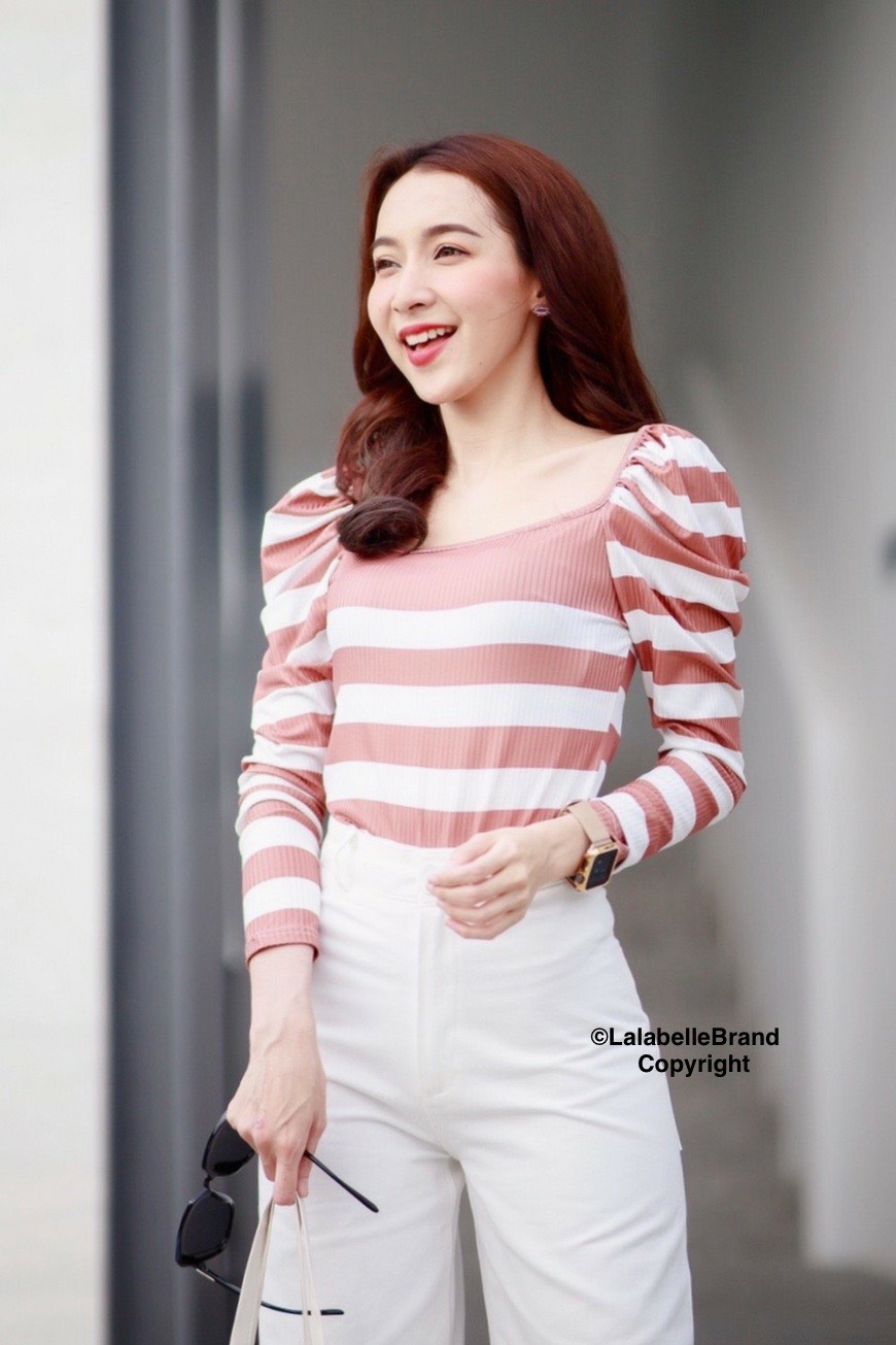 เซต2ชิ้นเสื้อคอเหลี่ยมลายริ้วต้นแขนพอง