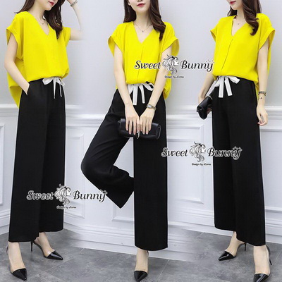 ชุดเซ็ทเสื้อกางเกงงานเกาหลีเสื้อผ้าสีพื้น