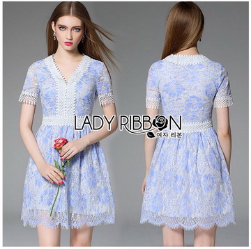 Lady Ribbon Online เสื้อผ้าออนไลน์ขายส่ง LR20070716 🎀 Lady Ribbon's Made 🎀 Lady Gabby Feminine Pretty Blue Floral Lace Dress เด