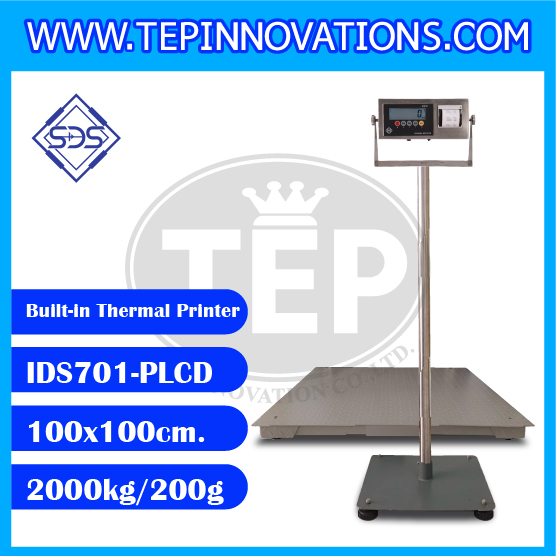 เครื่องชั่งพร้อมปริ้นเตอร์ในตัว ยี่ห้อ SDS รุ่น IDS701-PLCD-Thermal พิกัด 2000kg ค่าละเอียด 200g ขนาดแท่น 100x100cm.