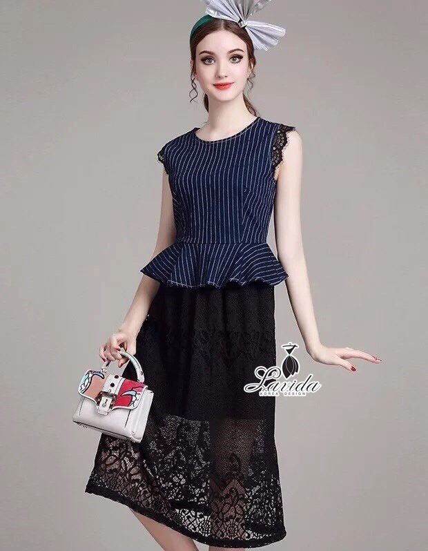 🍭 Korea Design By Lavida striped denim sleeveless premium black lace maxi dress code1662