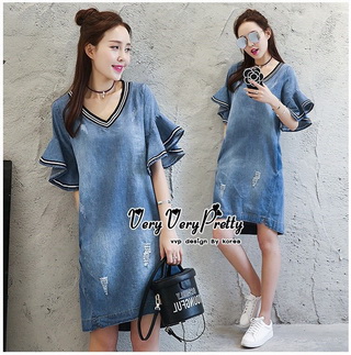 Lady Ribbon Online ขายส่งเสื้อผ้าออนไลน์ Very very pretty เสื้อผ้า VP04100816 Chic Denim Flared sleeves Dress