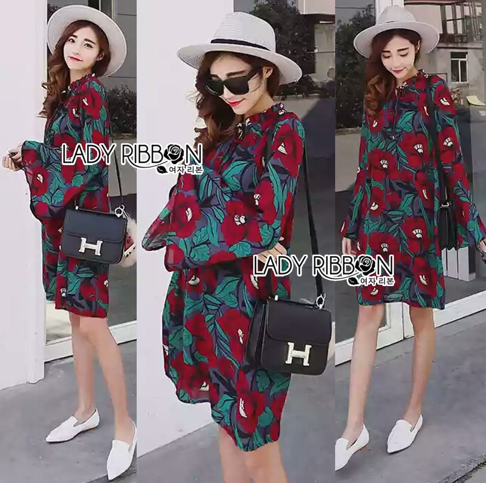 Lady Ribbon's Made 🎀Lady Amanda Dramatic Burgundy Floral Printed Flared-Sleeve Dress เดรสแขนบาน