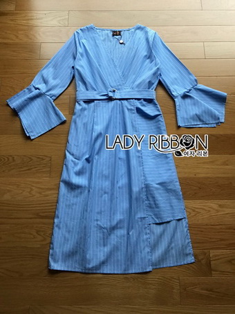 Lady Ribbon Cotton Dress เดรสสีฟ้าลายทาง
