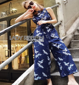 Lady Ribbon Bird Printed Jumpsuit จัมป์สูทแขนกุด