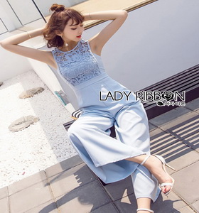 Lady Ribbon Baby Blue Lace and Crepe Jumpsuit