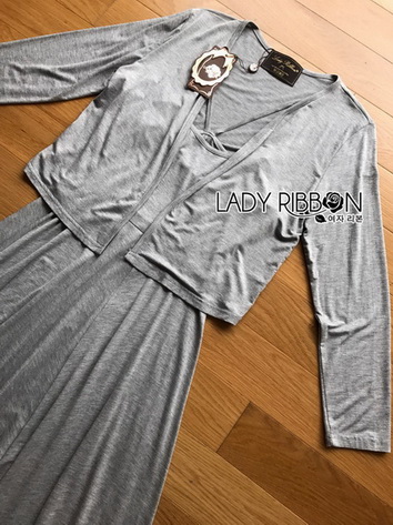 Chic Grey Cotton Lady Ribbon Dress