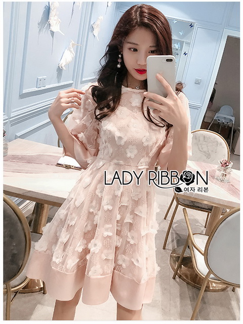 Mini Cocktail Dress มินิเดรสผ้าชีฟองปักดอกไม้สีชมพูอ่อน
