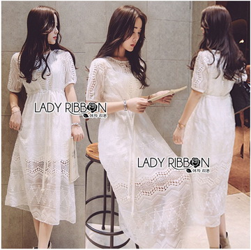 Lady Ribbon Online ขายส่งเสื้อผ้าออนไลน์ เลดี้ริบบอน LR01280716 🎀 Lady Ribbon's Made 🎀 Lady Ribbon's Made Lady Cate Sweet Feminine Embroidered Organza and Lace Midi Dress