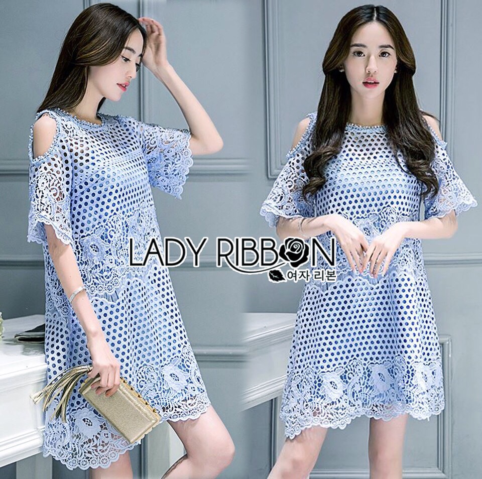 Lady Ribbon Online เสื้อผ้าออนไลน์ ขายส่ง LR13200616 🎀 Lady Ribbon's Made 🎀 Lady Sasha Pure Crystal Embellished See-Through Cut-Out White Lace Dress