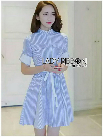 Shirt Dress Lady Ribbon เชิ้ตเดรสลายลายทางสีฟ้า-ขาว