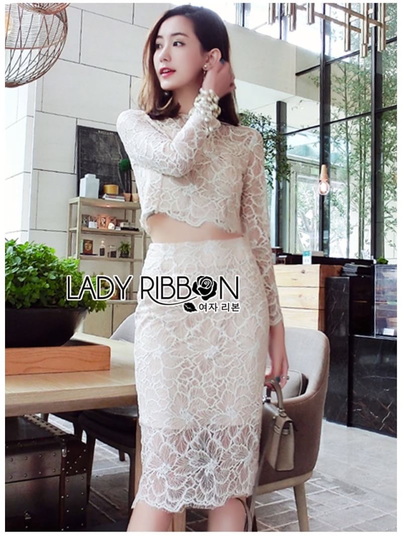 Lace Top and Skirt Set เซ็ตเสื้อแขนยาวและกระโปรงลูกไม้สีพีช