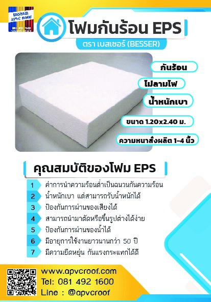 โฟมกันร้อน โฟมอีพีเอส EPS Foam โฟมกันไฟ ตราเบสเซอร์ BESSER