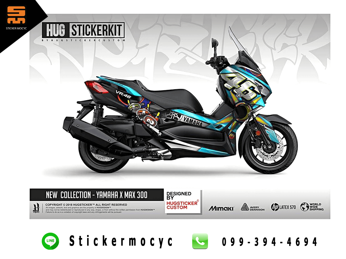 yamaha xmax 300 ยามาฮ่า x max สติ๊กเกอร์ ปี 2018, 2019 ลายรอสซี่ rossi 46 แต่งเต็มคัน สีฟ้า (เคลือบใสกันรอย)