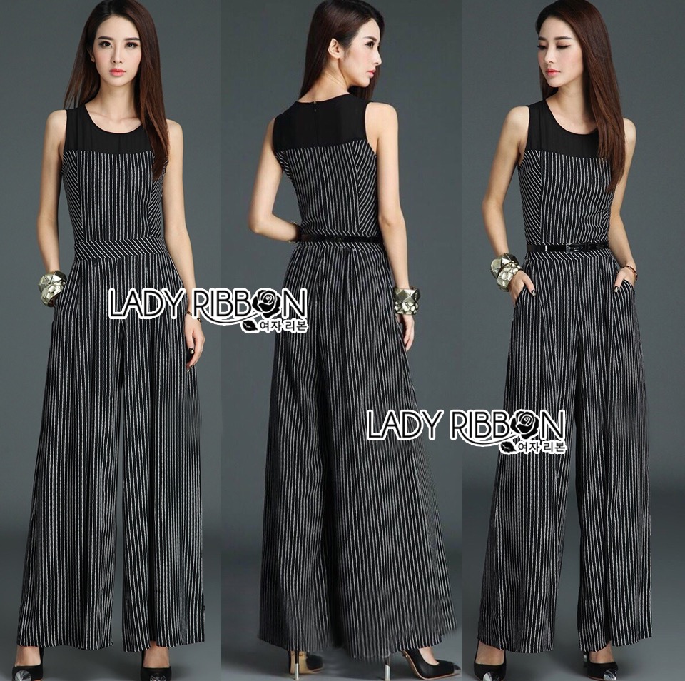 🎀 Lady Ribbon's Made 🎀 ขายส่ง Lady Chloe Minimal Chic and Elegant Striped Cotton and Chiffon Jumpsuit ขายส่งจัมป์สูทขา