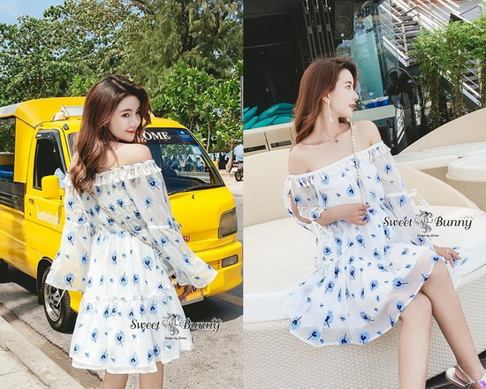 ผ้าปักดอกไม้สีฟ้าทั้งตัว งานปักสวยลาย