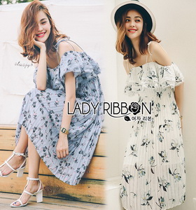 Floral Printed Plated Strappy Dress Lady Ribbon เดรสสายเดี่ยว