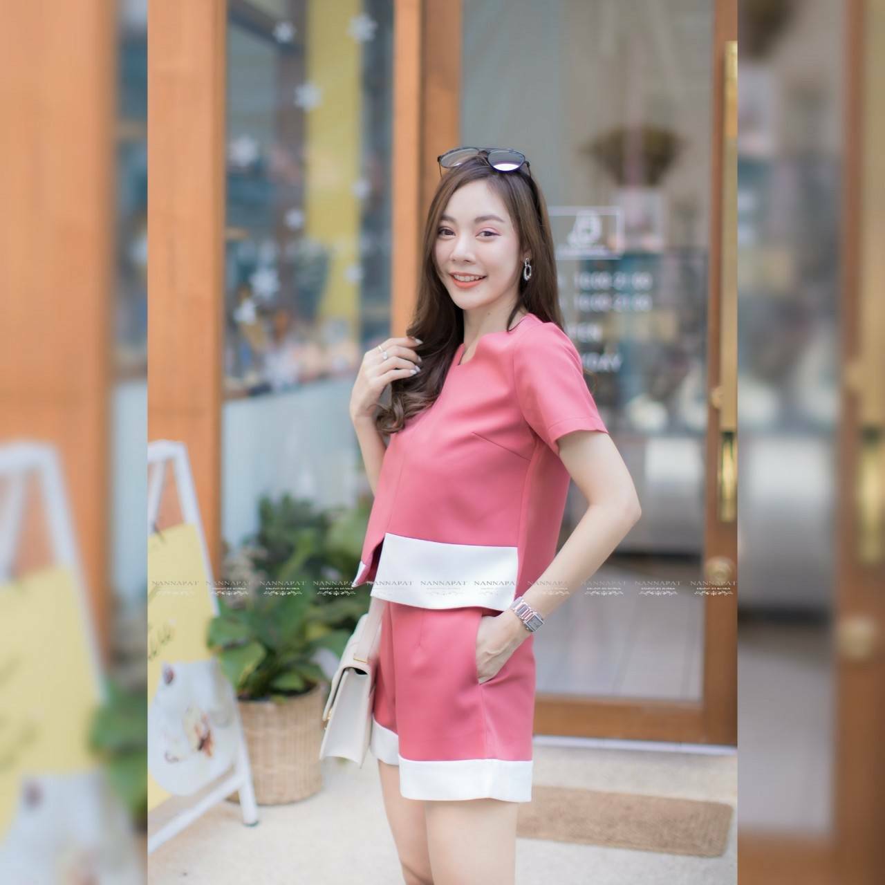 เสื้อซิปหลังกางเกงมีกระเป๋าสีทูโทน