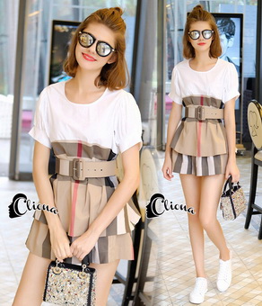 Lady Ribbon Online ขายส่งเสื้อผ้าออนไลน์ Cliona CN06030816 พร้อมส่ง Cliona Made' Burberry Line Cute Set - เซ็ต 2 ชิ้น